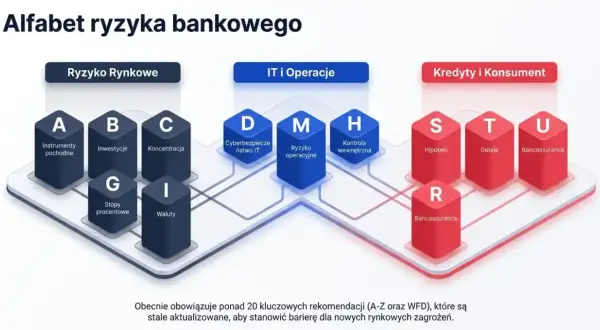 Alfabet ryzyka bankowego: A-U, od instrumentów pochodnych po bancassurance. Kluczowe rekomendacje (A-Z) stanowią barierę dla zagrożeń.