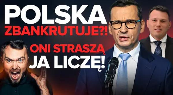 Trzech mężczyzn, jeden krzyczy, dwaj w garniturach, tekst "POLSKA ZBANKRUTUJE?!