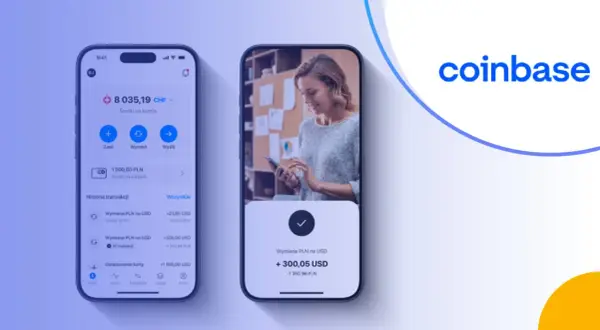 Dwa smartfony pokazujące aplikację Coinbase z transakcjami kryptowalutowymi i logo Coinbase.