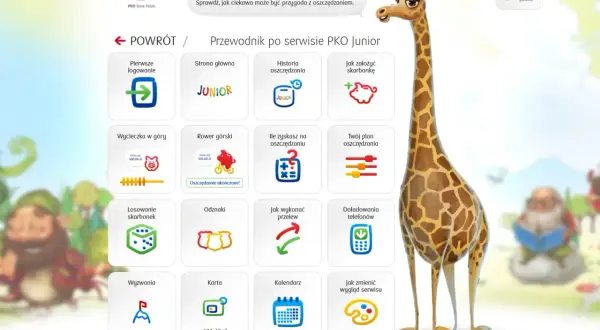 Grafika przedstawia przewodnik po serwisie PKO Junior z żyrafą i ikonami zadań.