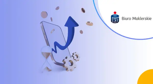 Grafika przedstawia smartfon z rosnącym wykresem, klepsydrę i monety, symbolizujące inwestycje. Biuro Maklerskie PKO BP oferuje usługi, gdzie rachunek maklerski i opłaty są kluczowe.