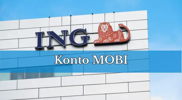 Logo ING z napisem "Konto MOBI" na tle budynku i nieba.