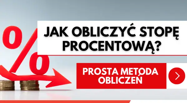 Czerwona strzałka z symbolem procentu i monetami, wskazująca na prostą metodę obliczenia stopy kredytowej.