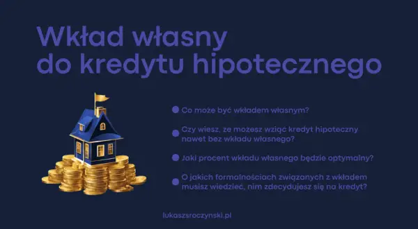Ilustracja domu na stosie złotych monet, z tekstem "Wkład własny do kredytu hipotecznego".
