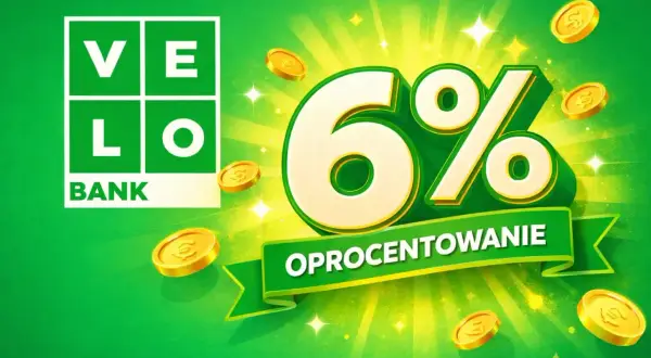 VELO BANK: konto oszczędnościowe z oprocentowaniem 6%. Złote monety i błyski symbolizują zysk.