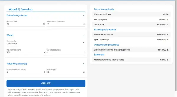 Kalkulator IKE: wiek 30 lat, wpłata miesięczna 500 zł, stopa zwrotu 5%, okres wypłat 20 lat. Przewidywany kapitał 398 633 zł, emerytura 1660 zł. Limit ike 2026.
