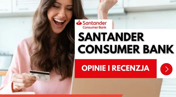 Szczęśliwa kobieta z kartą kredytową cieszy się z oferty Santander Consumer Bank. Sprawdź opinie i recenzje!