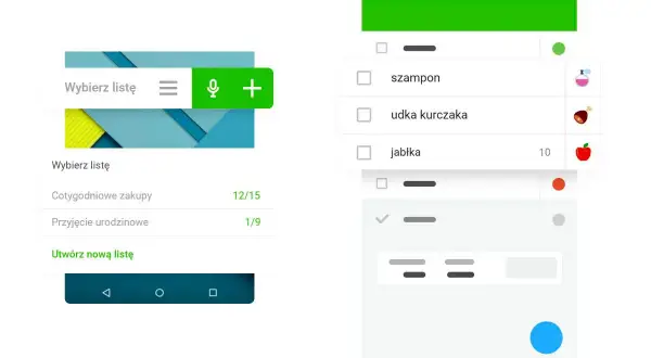 Dwa ekrany aplikacji do zarządzania listami zakupów i budżetem domowym.
