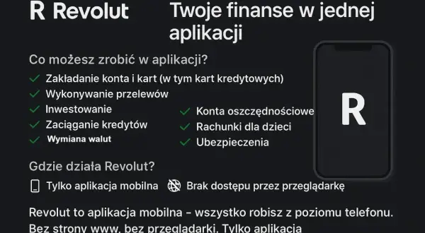 Revolut co to? Aplikacja mobilna do zarządzania finansami: konta, przelewy, inwestycje, kredyty, waluty, oszczędności, ubezpieczenia. Działa tylko na telefonie.