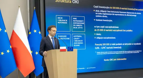 Mężczyzna przemawia przy mównicy, obok flagi Polski i UE. Na ekranie struktura OKI, inwestycje, lokaty, obligacje oszczędnościowe, rachunek oszczędnościowy plus opłaty.
