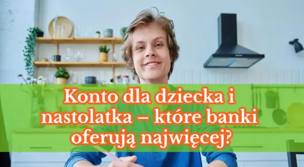 Uśmiechnięty nastolatek siedzi przy stole, trzymając długopis. Na zielonym tle tekst.