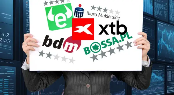 Plakat z logotypami biur maklerskich: eToro, XTB, BDM, BOSSA.PL, IKO.
