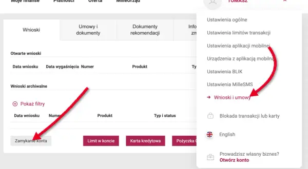 Czerwona strzałka wskazuje opcję "Zamykanie konta" na stronie bankowości internetowej.
