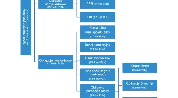 Rodzaje obligacji skarbowych i nieskarbowych: skarbowe (880 mld PLN), semiskarbowe (221 mld PLN), nieskarbowe (100 mld PLN) z podziałem na emitentów.