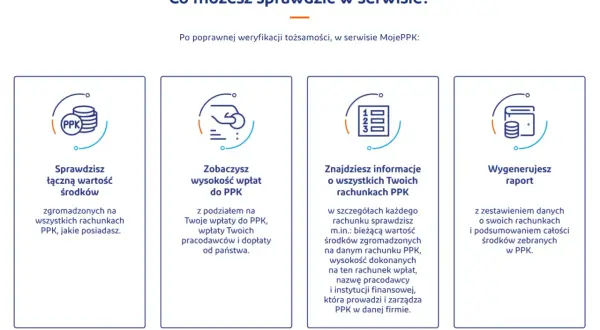 W serwisie MojePPK sprawdzisz łączną wartość środków na wszystkich rachunkach PPK, zobaczysz wysokość wpłat do PPK, znajdziesz informacje o wszystkich Twoich rachunkach PPK, a także wygenerujesz raport. Numer rachunku PPK jest dostępny w szczegółach.