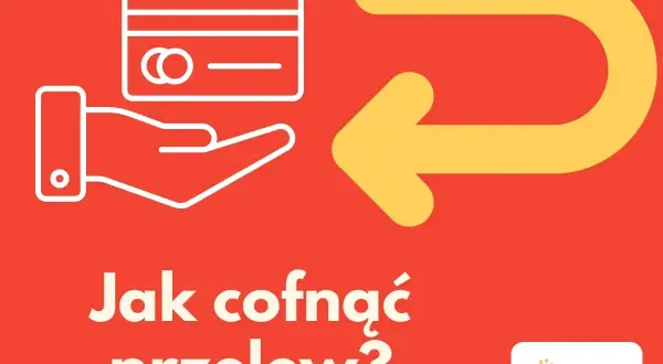 Grafika pokazuje rękę trzymającą kartę płatniczą i żółtą strzałkę zwrotną. Pytanie brzmi: "Jak cofnąć przelew?".