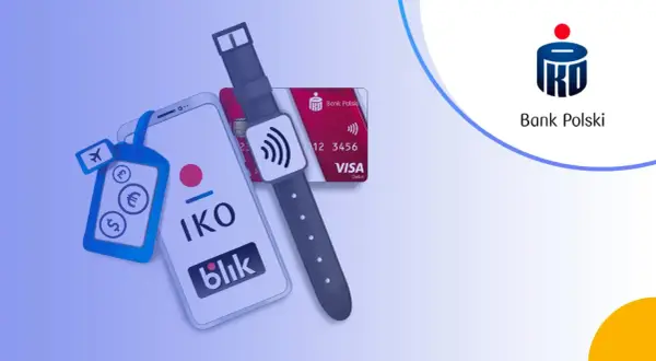 Smartfon z aplikacją IKO i BLIK, karta Visa, smartwatch i zawieszka z symbolami walut. Sprawdź konto za zero PKO BP warunki.