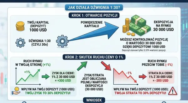Ilustracja wyjaśniająca mechanizm dźwigni finansowej 1:30 na rynku Forex.