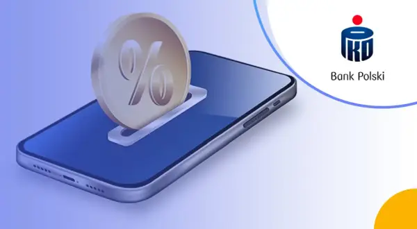 Grafika przedstawia monetę z symbolem procentu wsuwaną do slotu w smartfonie.