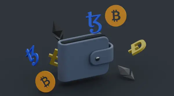 Portfel na kryptowaluty z symbolami Bitcoin, Ethereum, Dogecoin i Tezos. To jest catly sposób na przechowywanie cyfrowych aktywów.