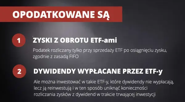 Grafika przedstawia dwa punkty dotyczące opodatkowania ETF-ów: zyski z obrotu i dywidendy.