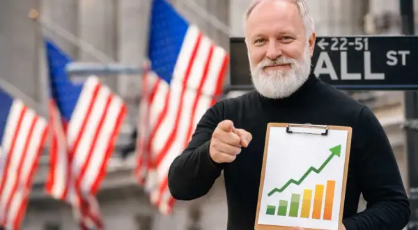 Starszy mężczyzna z brodą, wskazujący palcem, trzyma tablicę z wykresem wzrostu. Pokazuje, jak inwestować, na tle flag USA i znaku Wall Street.