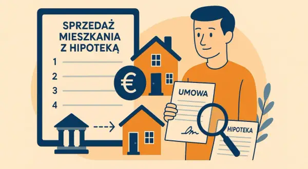 Ilustracja przedstawia mężczyznę trzymającego umowę i lupę nad dokumentem "HIPOTEKA", obok domów i symbolu euro.