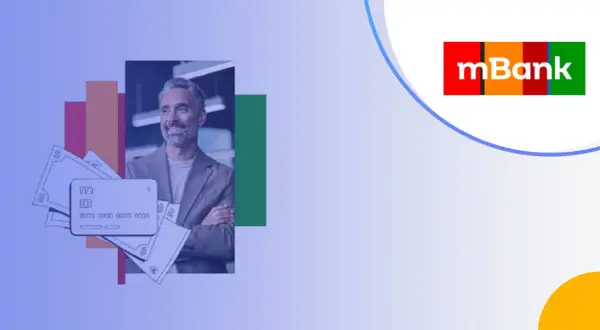 Uśmiechnięty mężczyzna z kartą płatniczą i banknotami. mBank: mkonto intensive opłaty.