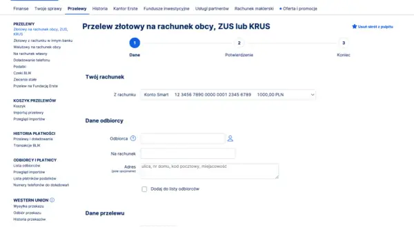 Przelew złotowy na rachunek obcy, ZUS lub KRUS. Wypełnij dane odbiorcy i kwotę przelewu, aby wykonać wu+.