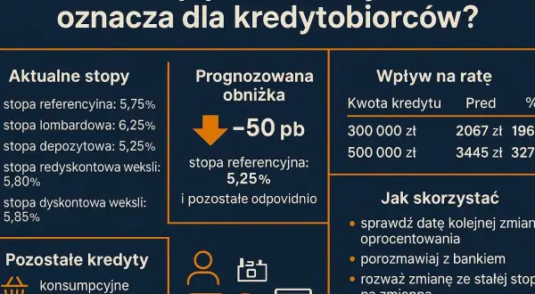 Prognozy stóp procentowych wskazują na obniżkę o 50 pb. Sprawdź, jak wpłynie to na raty Twojego kredytu.