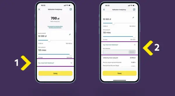 Symulacja kredytu w aplikacji Raiffeisen Digital Bank. Użytkownik ustawia kwotę i okres spłaty pożyczki.
