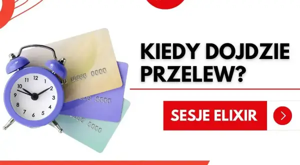 Niebieski budzik na tle kart płatniczych i tekstu "Kiedy dojdzie przelew?".