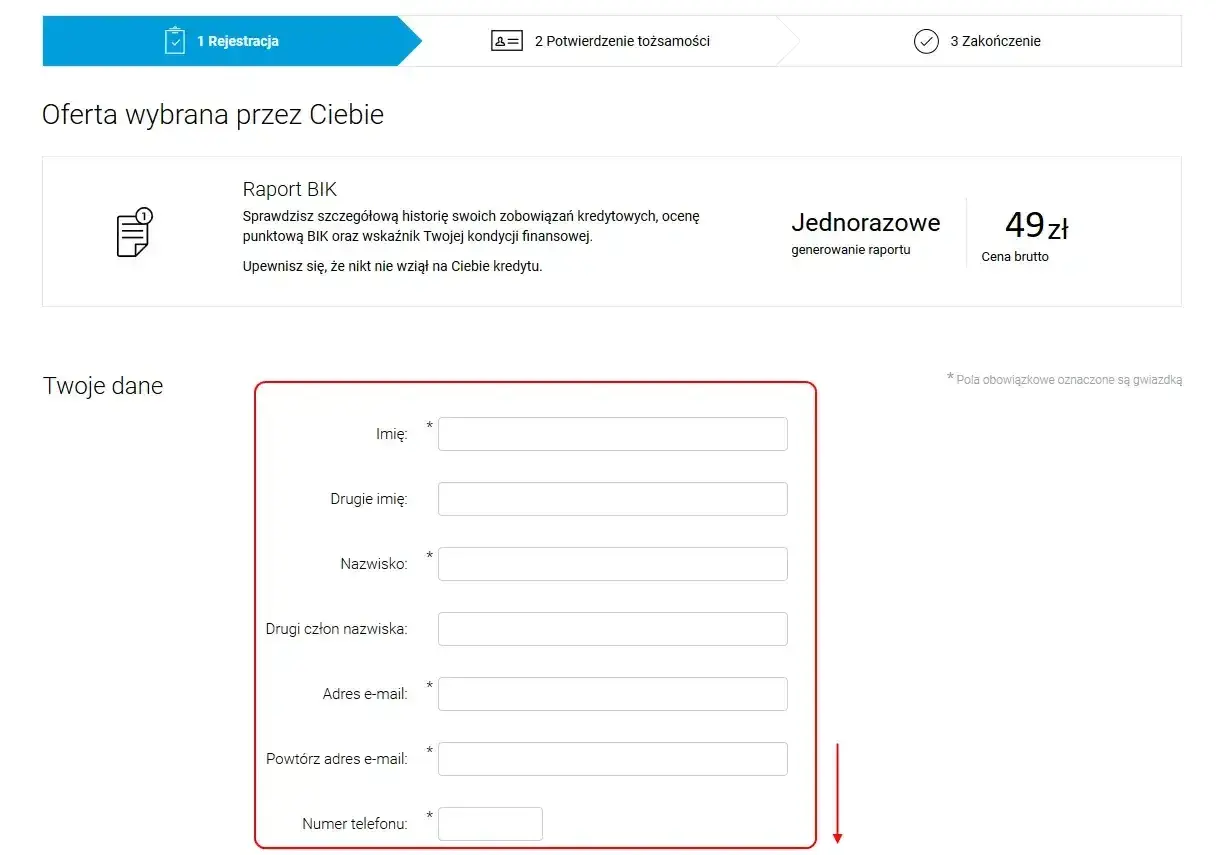 Formularz do wypełnienia danych osobowych w celu wygenerowania raportu BIK. Sprawdź swoją historię kredytową, aby upewnić się, że nikt nie wziął na Ciebie kredytu.