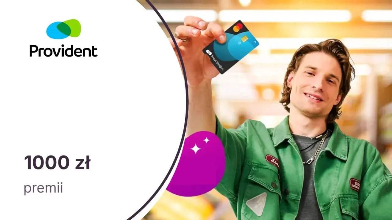 Uśmiechnięty mężczyzna prezentuje kartę Provi Smart. Obok logo Provident i informacja o 1000 zł premii.