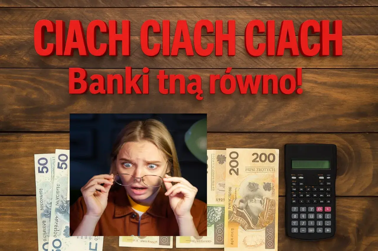 Przerażona kobieta patrzy na pieniądze i kalkulator. Banki tną zyski, a lokaty 1 miesięczne tracą na wartości.