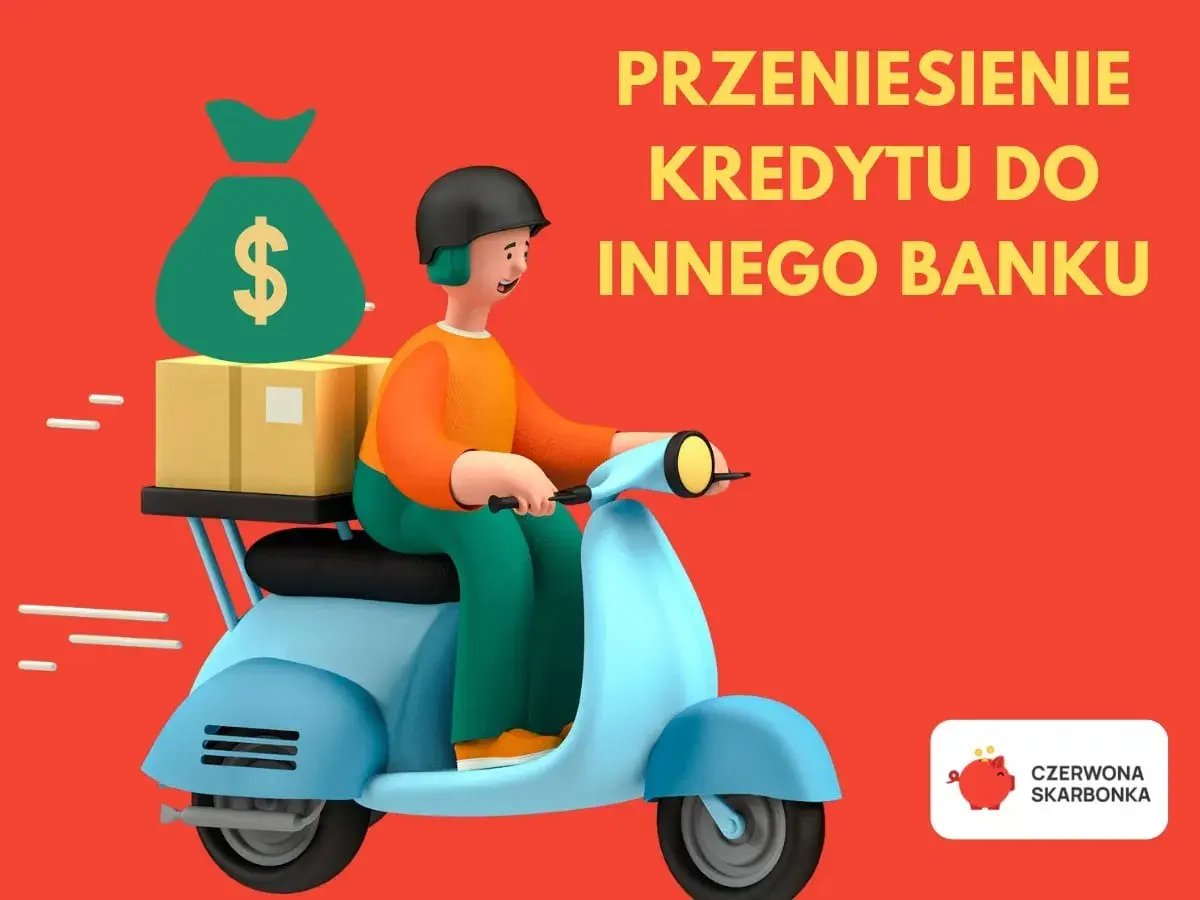 Kurier na skuterze dostarcza torbę z pieniędzmi i paczki. To symbol przeniesienia kredytu gotówkowego do innego banku.