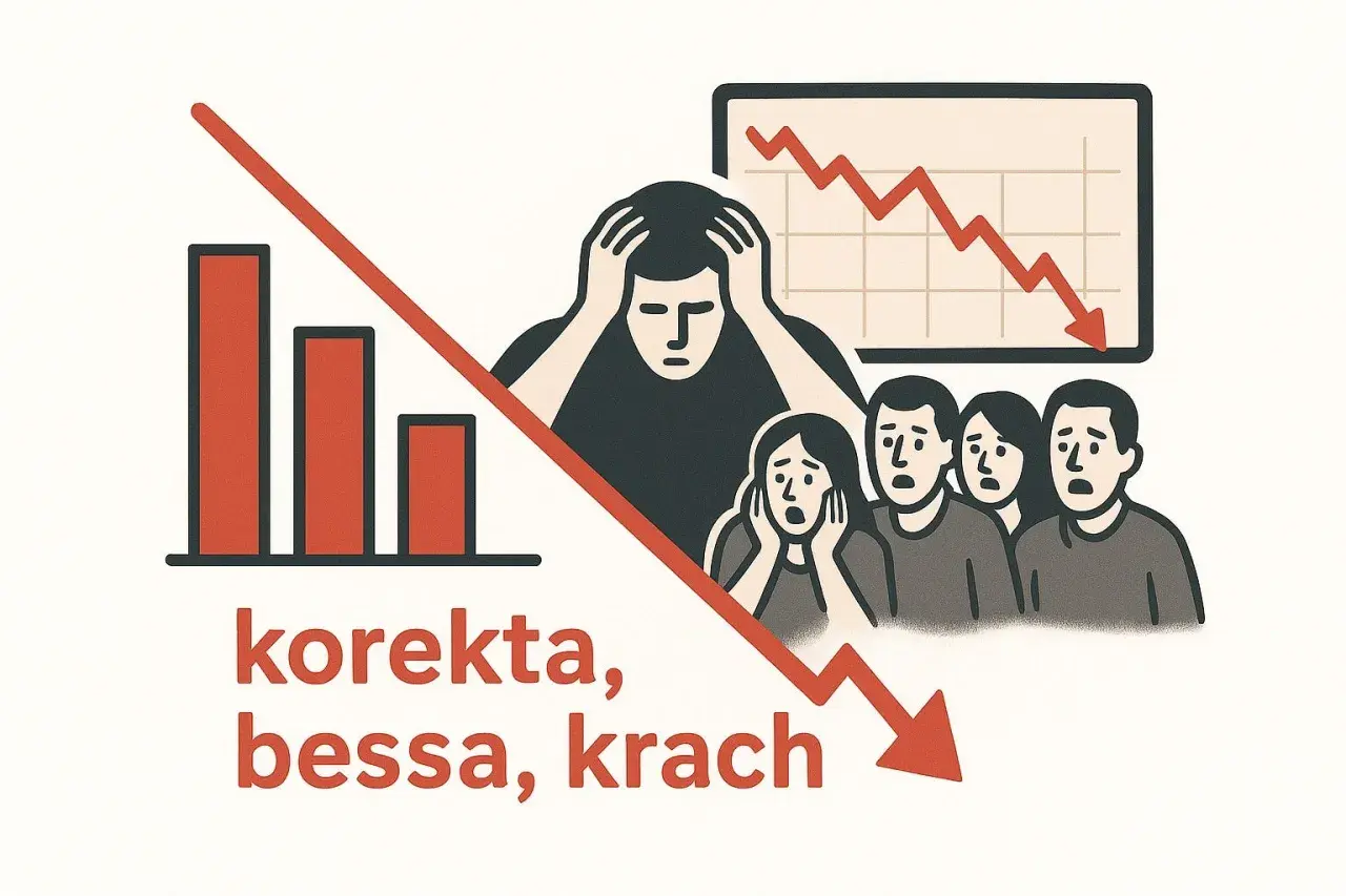 Ludzie z przerażeniem patrzą na wykresy i słupki spadające w dół. To bessa, czas korekty i krachu.