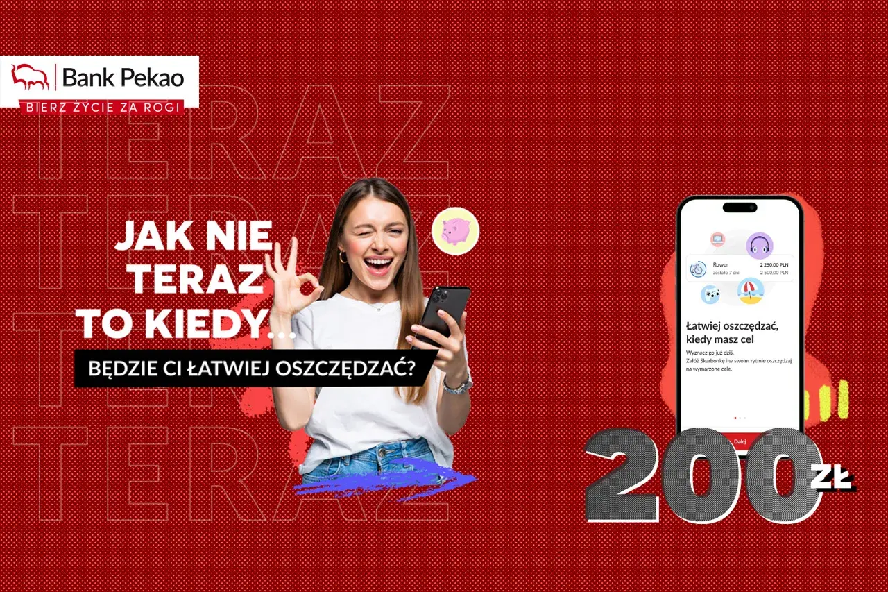 Radosna kobieta z telefonem zachęca do oszczędzania w Pekao. Lokaty w Pekao SA pomogą Ci zrealizować marzenia.