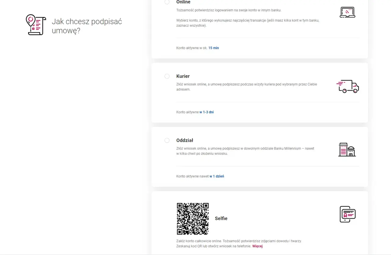 Wybierz metodę założenia konta w Banku Millennium: online, z kurierem, w oddziale lub przez selfie.