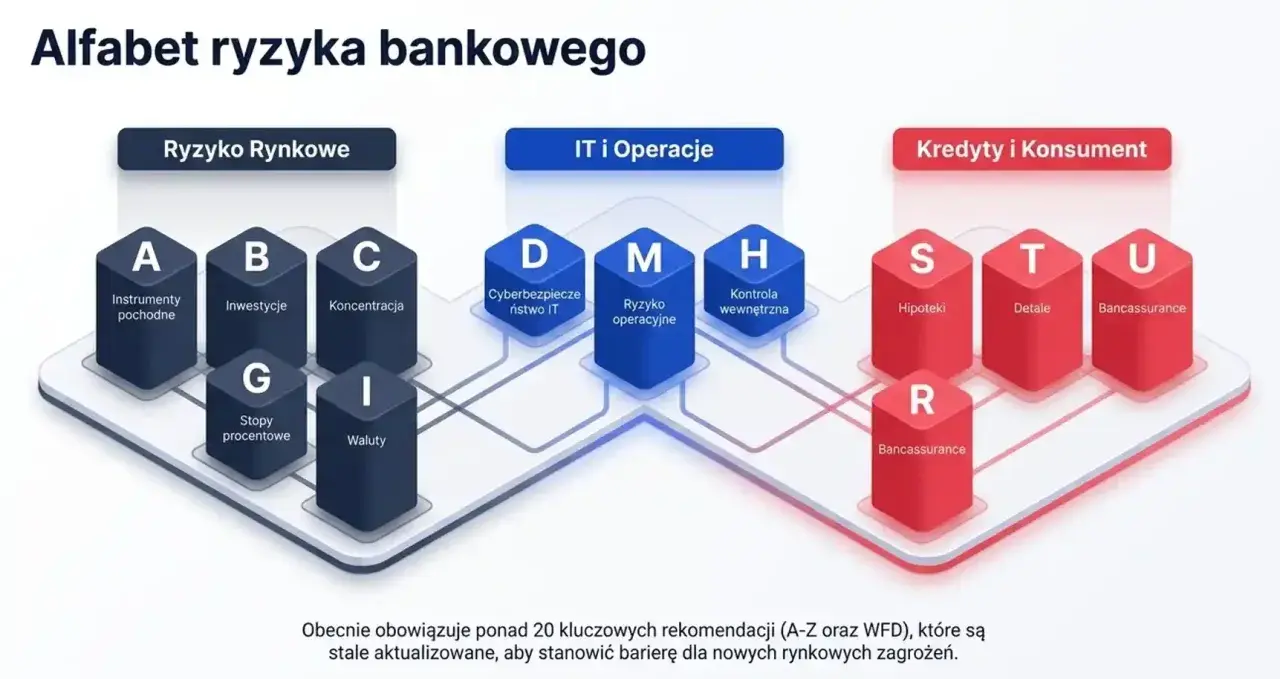 Alfabet ryzyka bankowego: A-U, od instrumentów pochodnych po bancassurance. Kluczowe rekomendacje (A-Z) stanowią barierę dla zagrożeń.
