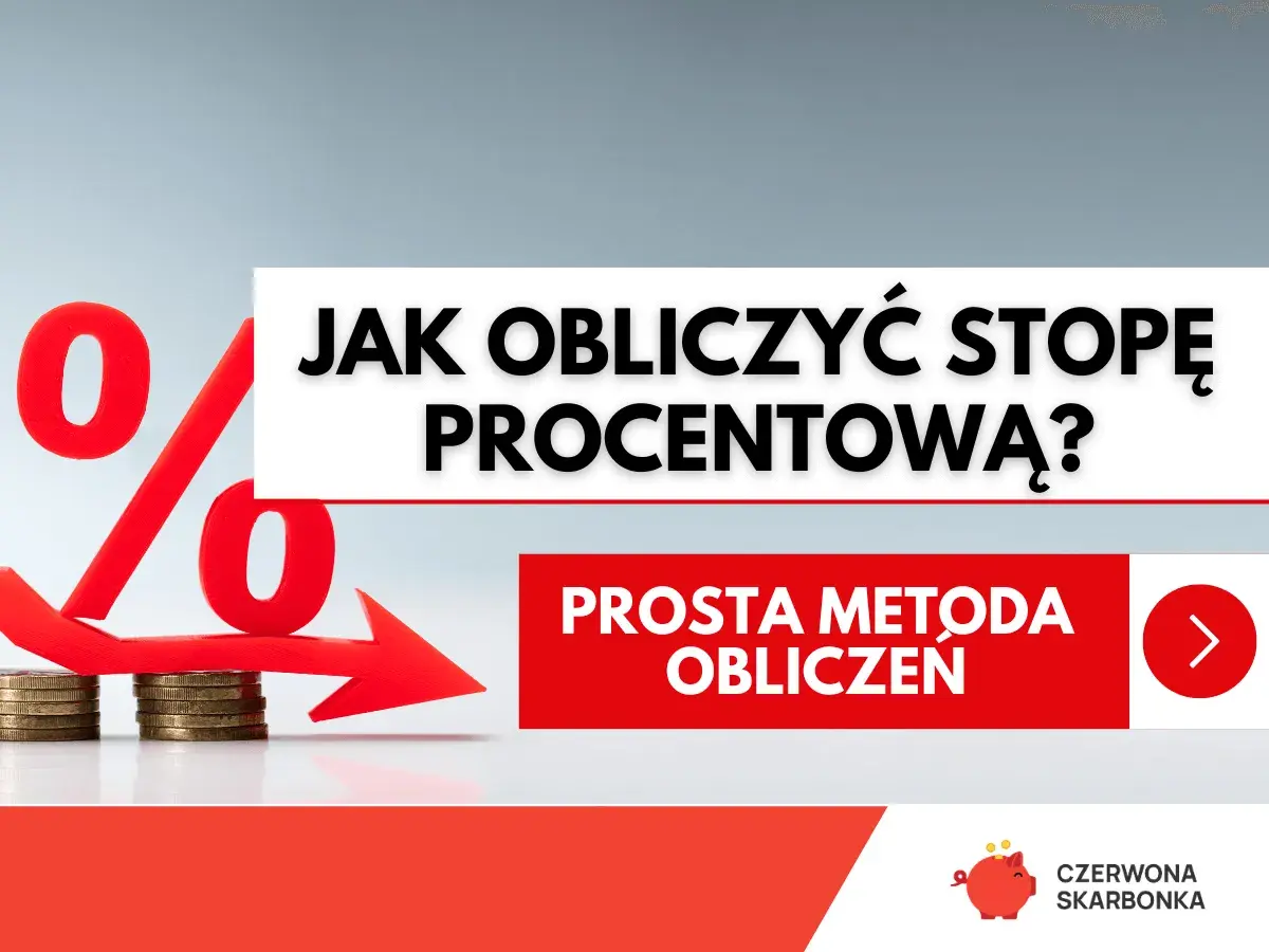 Czerwona strzałka z symbolem procentu i monetami, wskazująca na prostą metodę obliczenia stopy kredytowej.