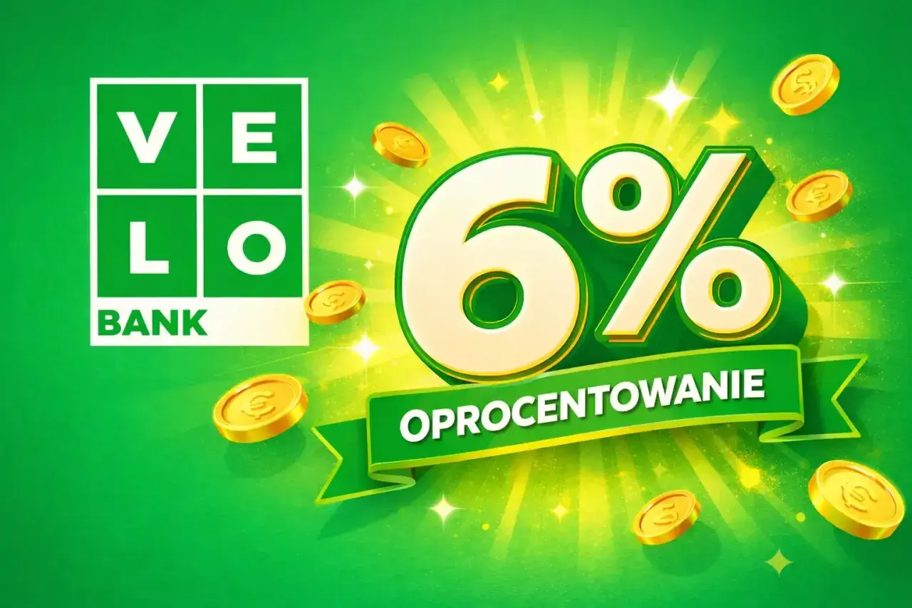 VELO BANK: konto oszczędnościowe z oprocentowaniem 6%. Złote monety i błyski symbolizują zysk.