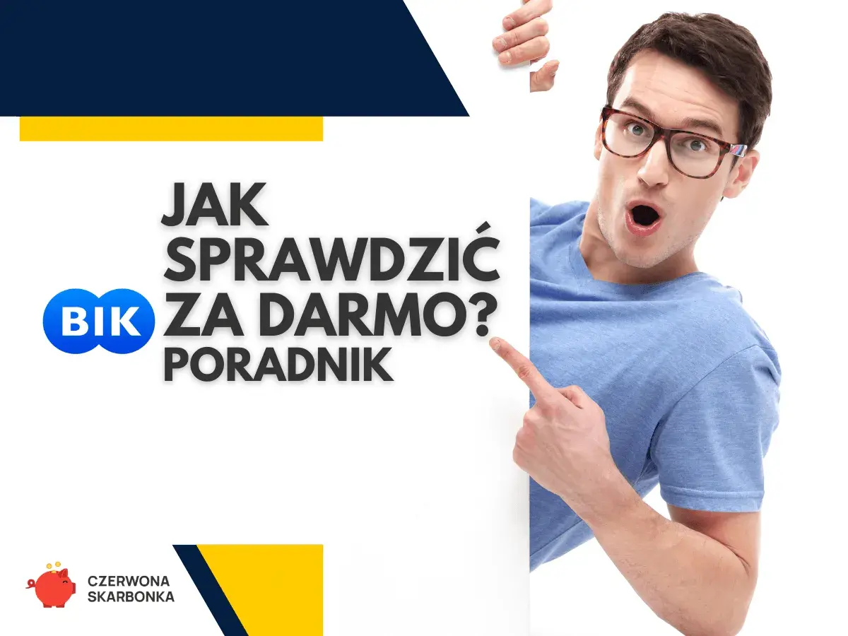 Mężczyzna w okularach wskazuje na napis "BIK ZA DARMO? PORADNIK" na białej tablicy.