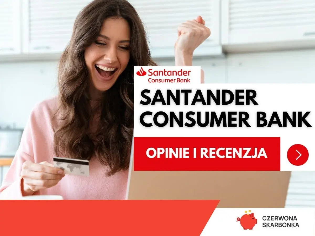 Szczęśliwa kobieta z kartą kredytową cieszy się z oferty Santander Consumer Bank. Sprawdź opinie i recenzje!