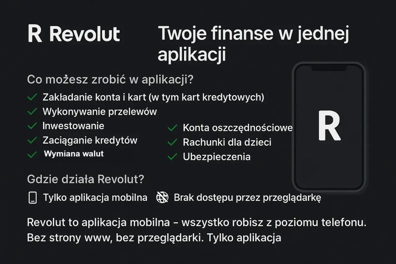 Revolut co to? Aplikacja mobilna do zarządzania finansami: konta, przelewy, inwestycje, kredyty, waluty, oszczędności, ubezpieczenia. Działa tylko na telefonie.