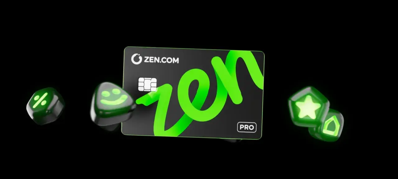 Karta ZEN.COM z logo "zen" i ikonami: uśmiechnięta buźka, procent, gwiazdka, dom. To jest zen co to?