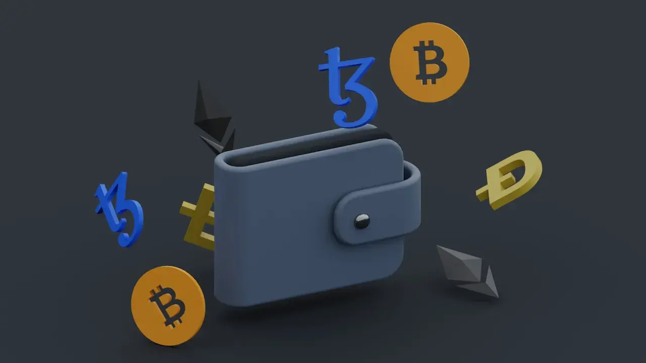 Portfel na kryptowaluty z symbolami Bitcoin, Ethereum, Dogecoin i Tezos. To jest catly sposób na przechowywanie cyfrowych aktywów.