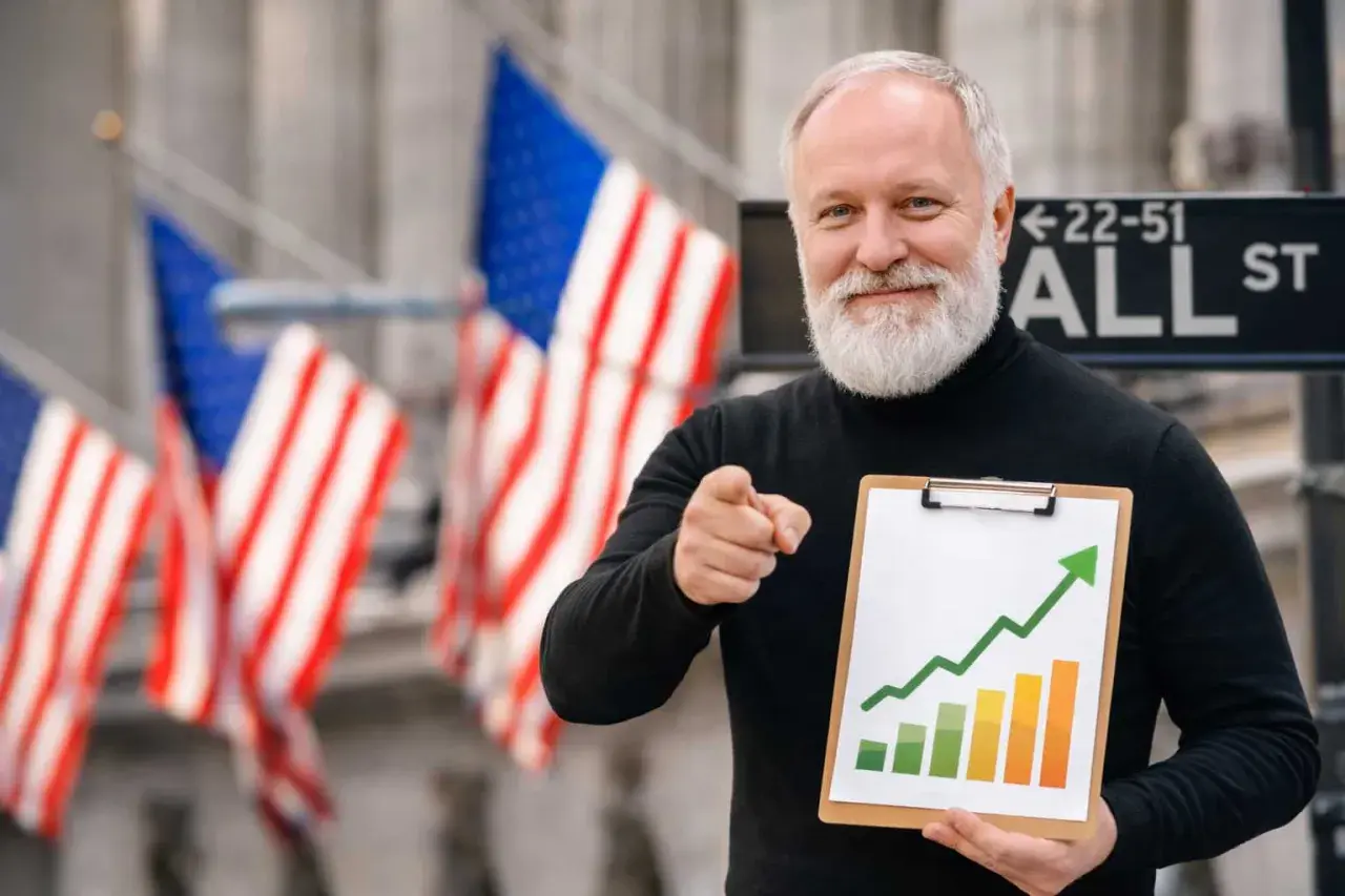 Starszy mężczyzna z brodą, wskazujący palcem, trzyma tablicę z wykresem wzrostu. Pokazuje, jak inwestować, na tle flag USA i znaku Wall Street.