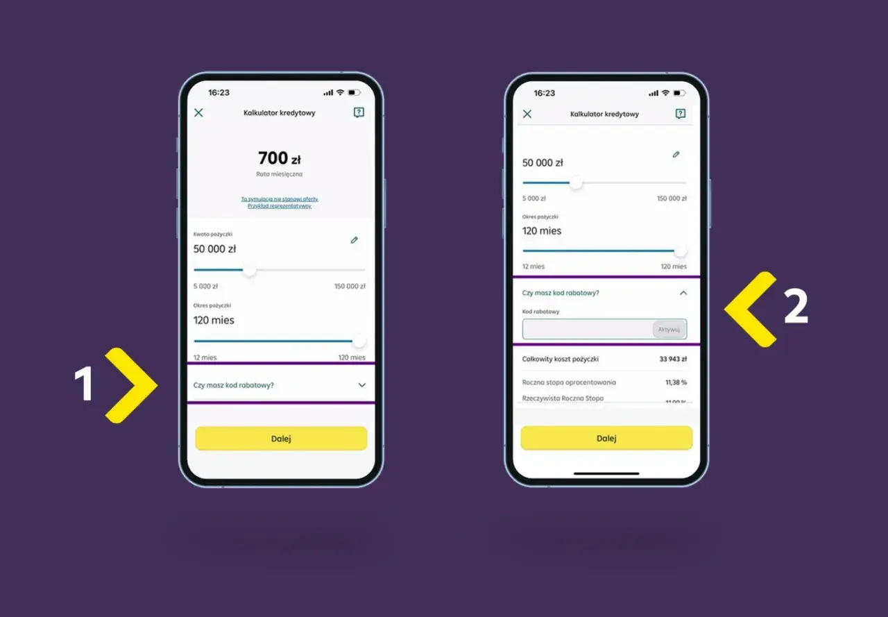 Symulacja kredytu w aplikacji Raiffeisen Digital Bank. Użytkownik ustawia kwotę i okres spłaty pożyczki.