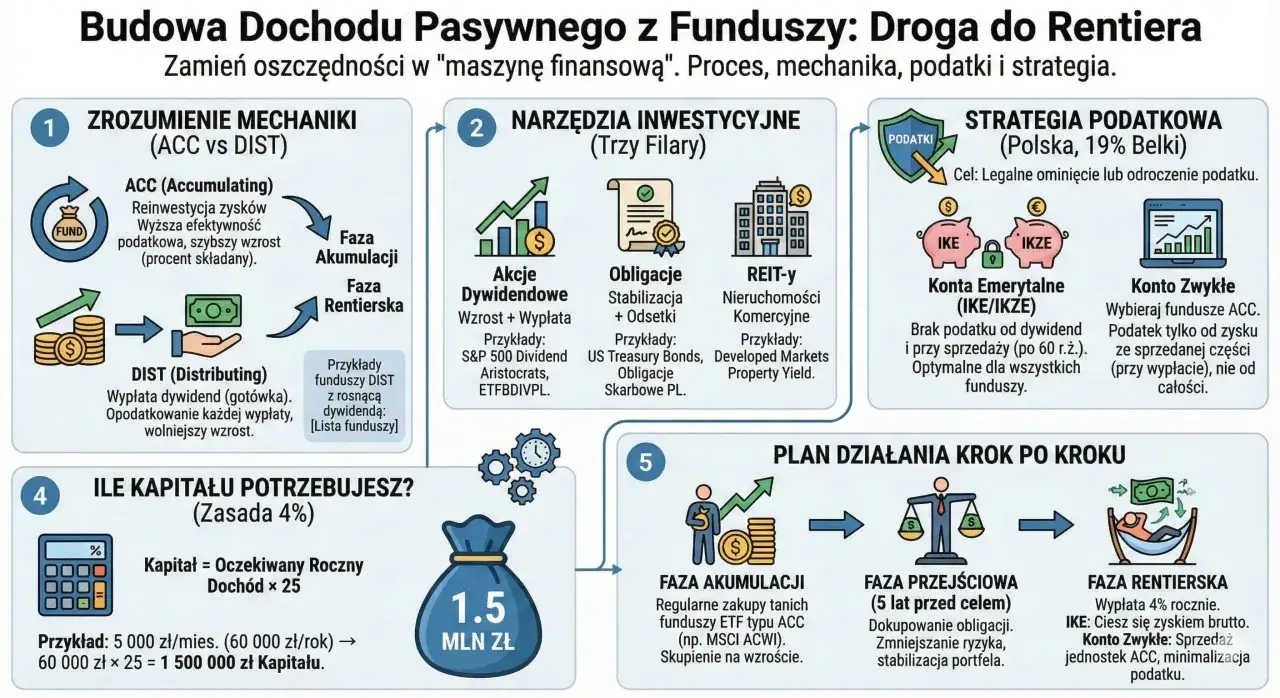 Droga do rentiera: zrozumienie mechaniki ACC/DIST, narzędzia inwestycyjne, strategia podatkowa (IKE/IKZE), ile kapitału potrzebujesz i plan działania.